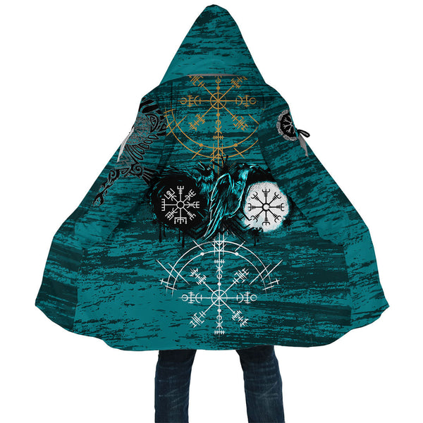 Viking Hooded Coat Raven of Odin and Symbol Cyan Ver01