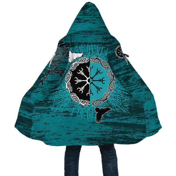 Viking Hooded Coat Raven of Odin and Symbol Cyan