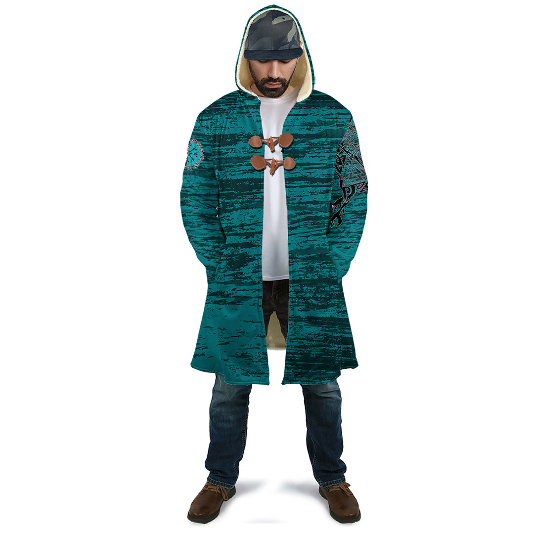 Viking Hooded Coat Raven of Odin and Symbol Cyan