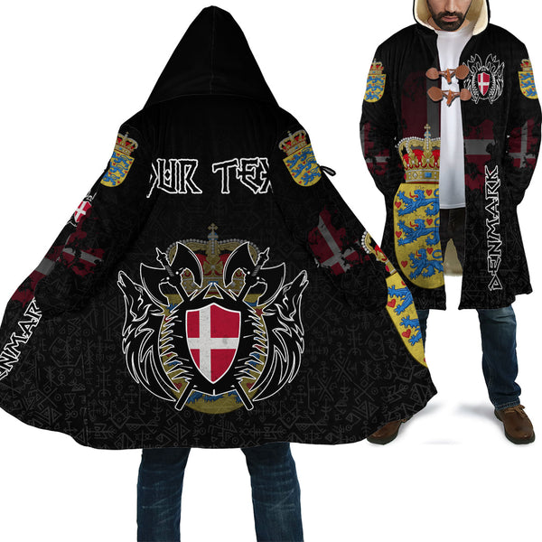 Custom Viking Hooded Coat Denmark Flag and Map Style Geri & Freki