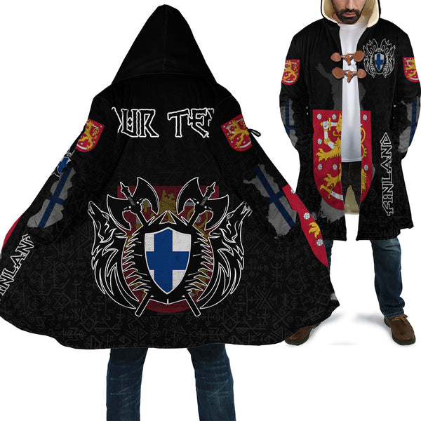 Custom Viking Hooded Coat Finland Flag and Map Style Geri & Freki