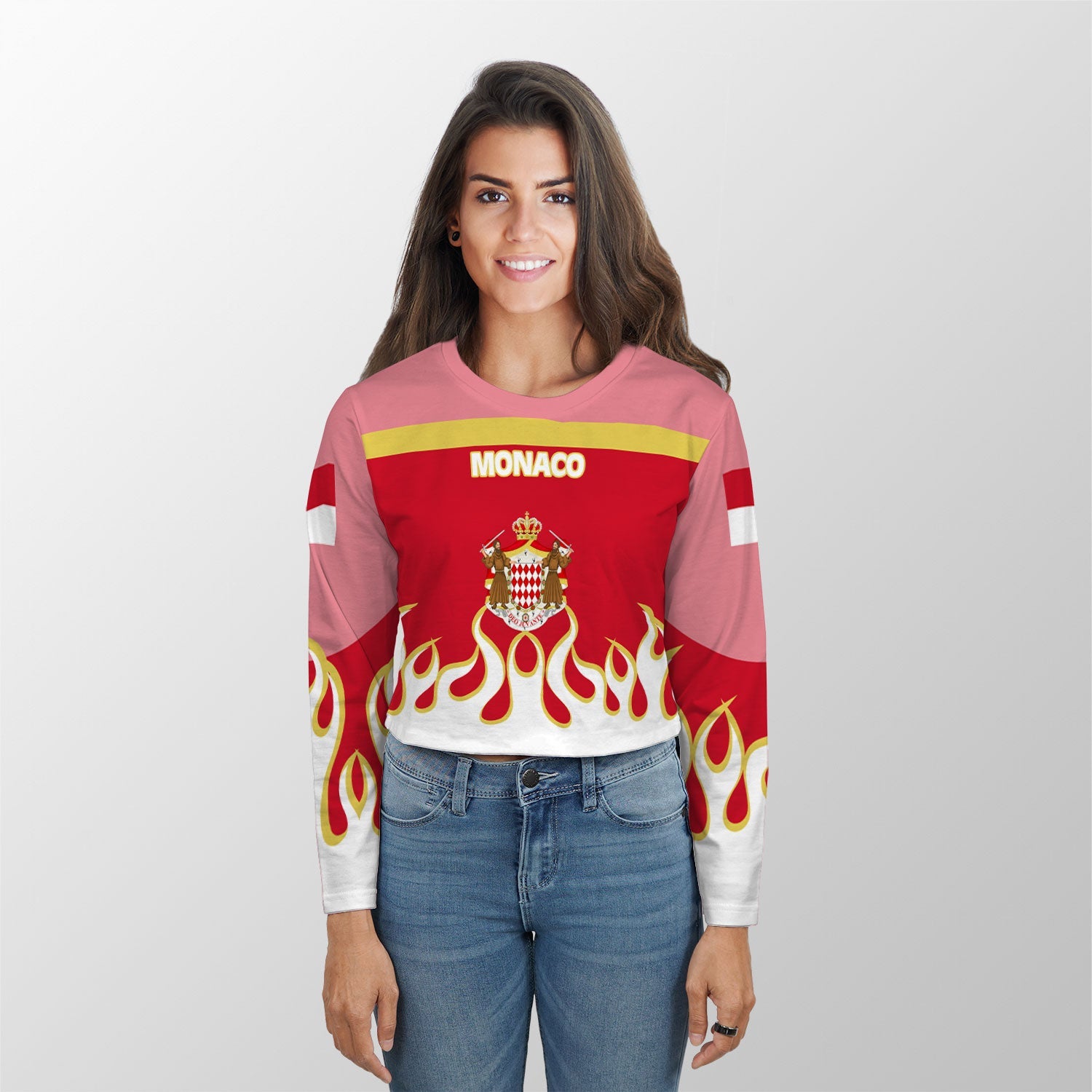 Monaco Crop Top Long TShirt Flag & Coat Of Arms Fire Hockey Style