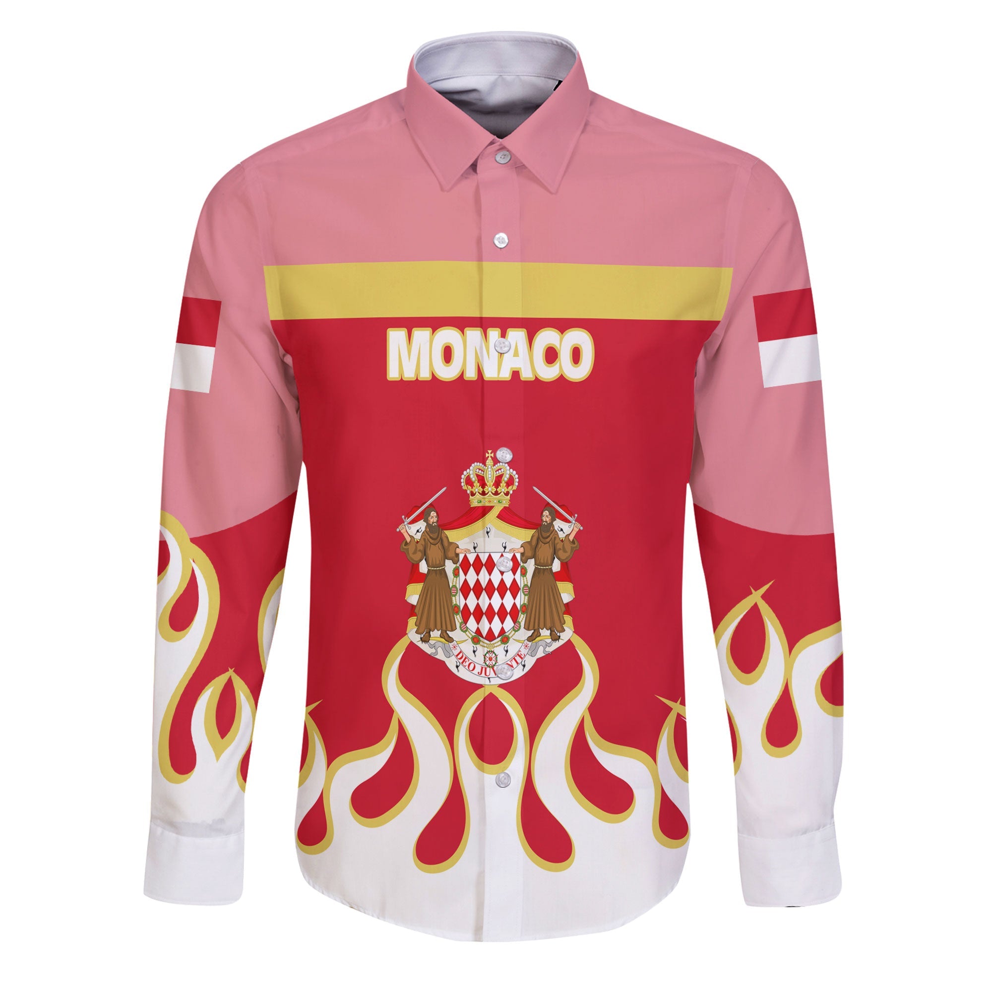 Monaco Long Sleeve Button Shirt Flag & Coat Of Arms Fire Hockey Style