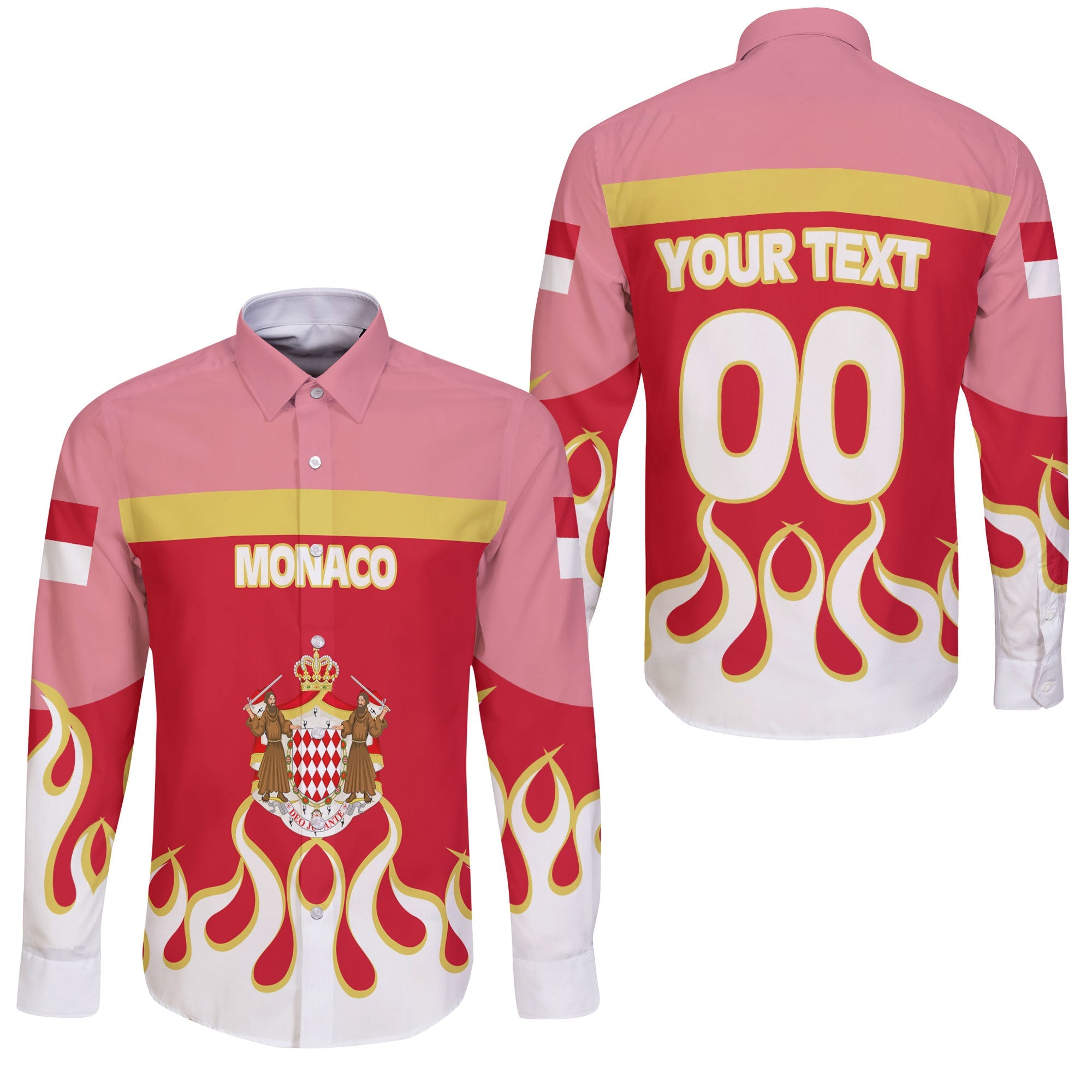 Monaco Long Sleeve Button Shirt Flag & Coat Of Arms Fire Hockey Style