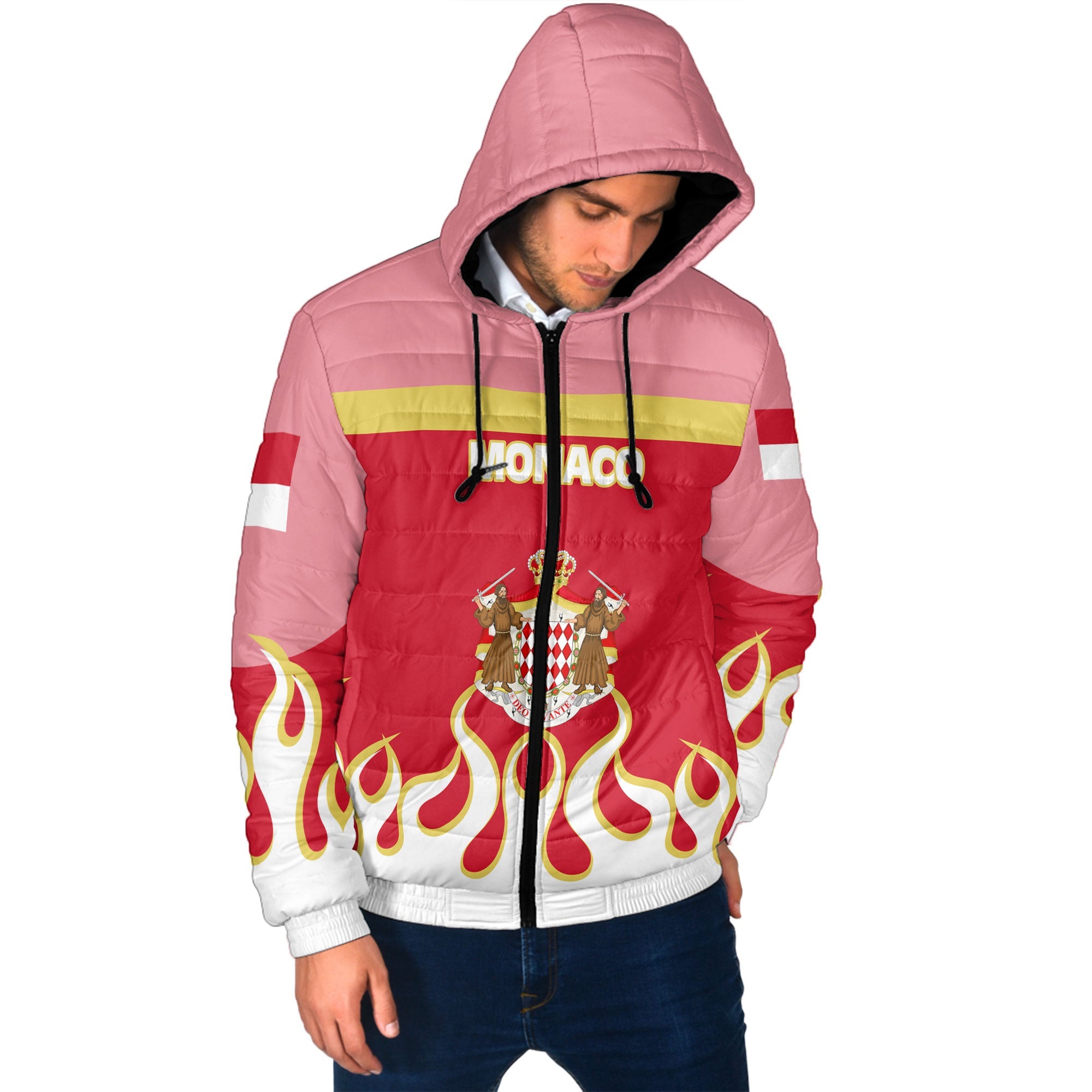 Monaco Men Hooded Padded Jacket Flag & Coat Of Arms Fire Hockey Style