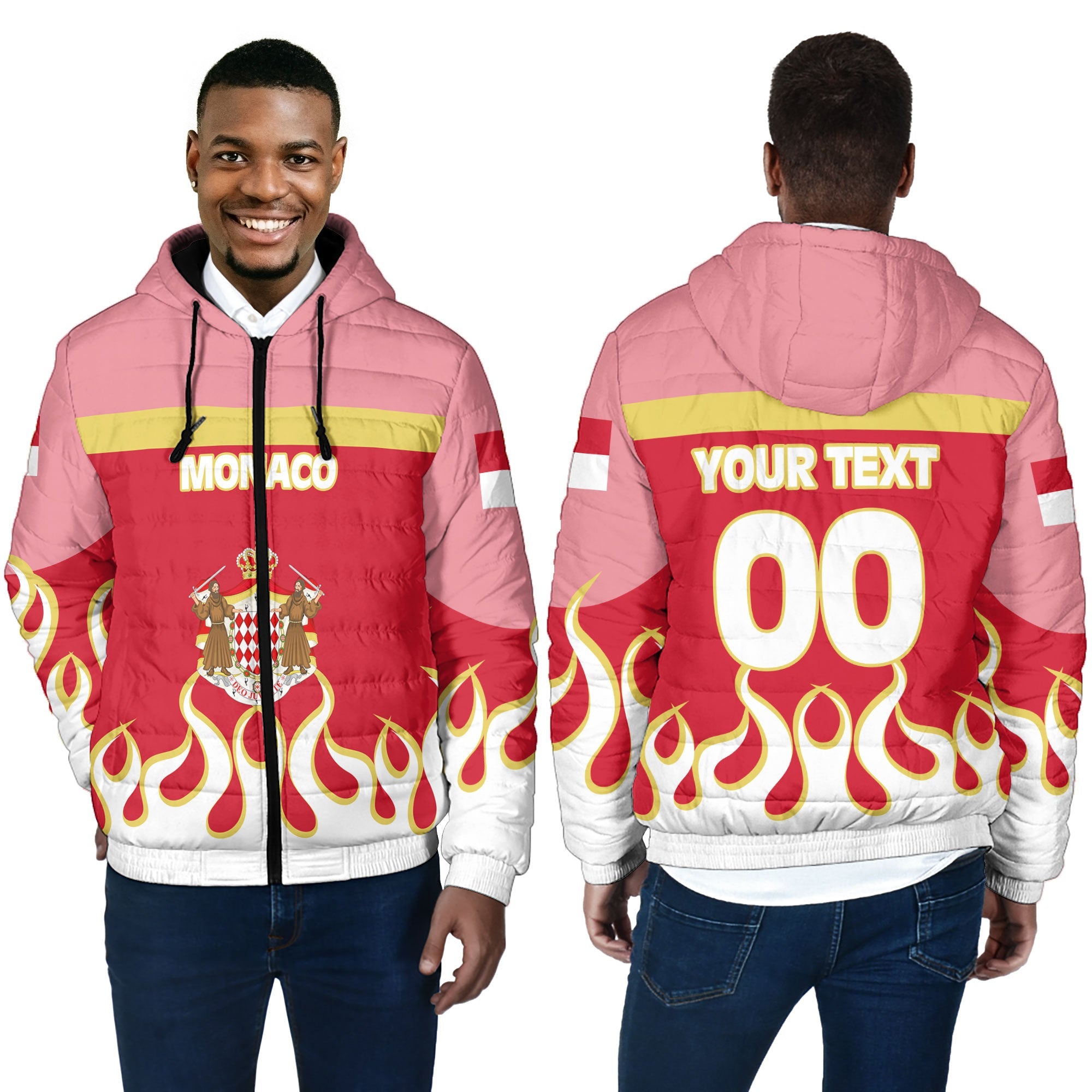 Monaco Men Hooded Padded Jacket Flag & Coat Of Arms Fire Hockey Style