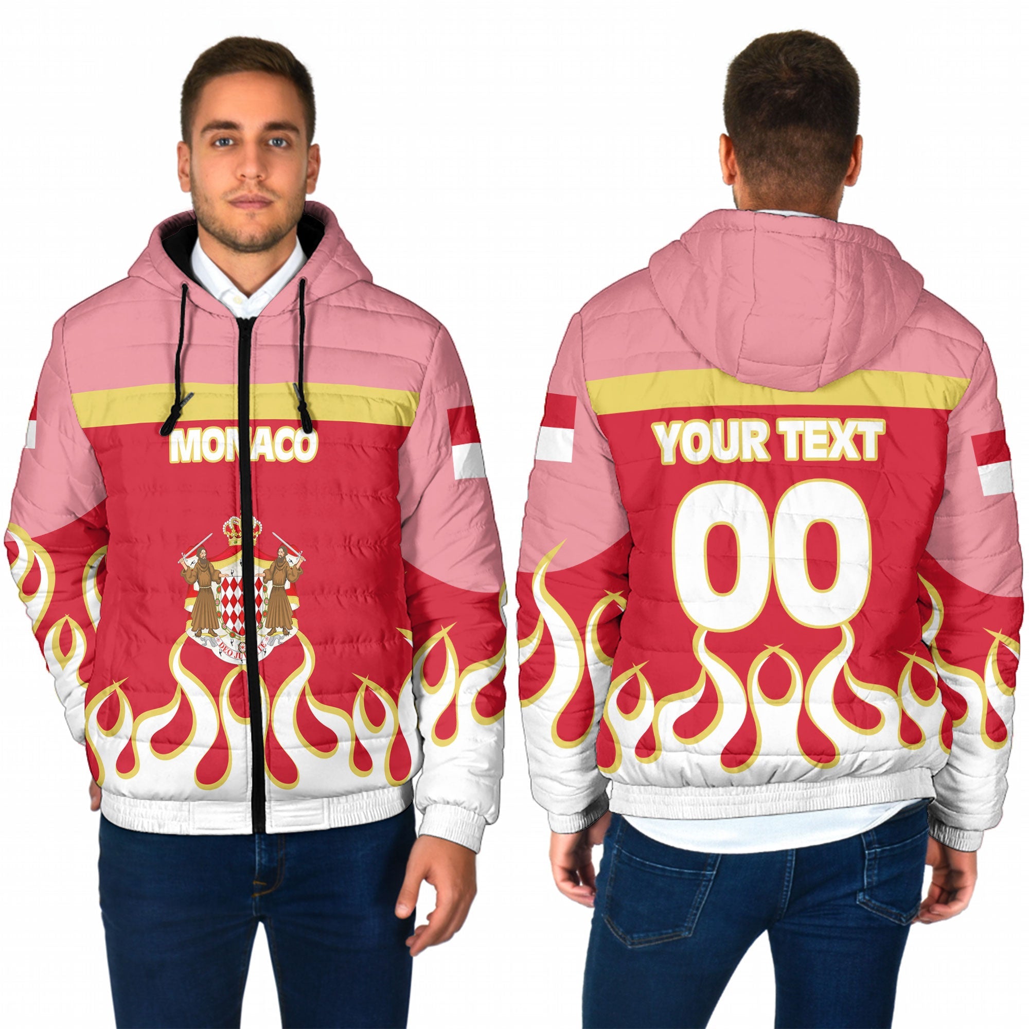 Monaco Men Hooded Padded Jacket Flag & Coat Of Arms Fire Hockey Style