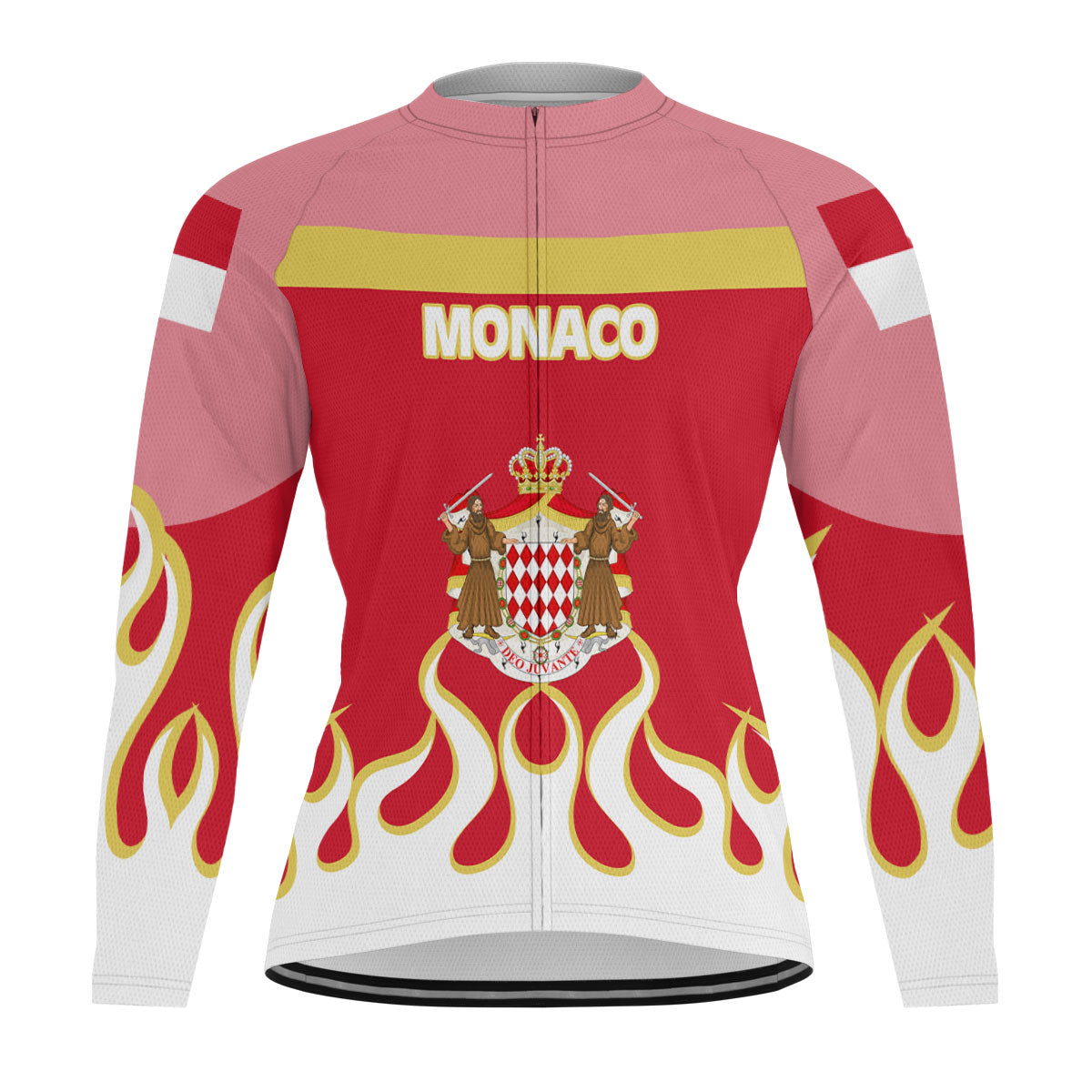 Monaco Men's Cycling Jersey Long Sleeve Flag & Coat Of Arms Fire Hockey Style