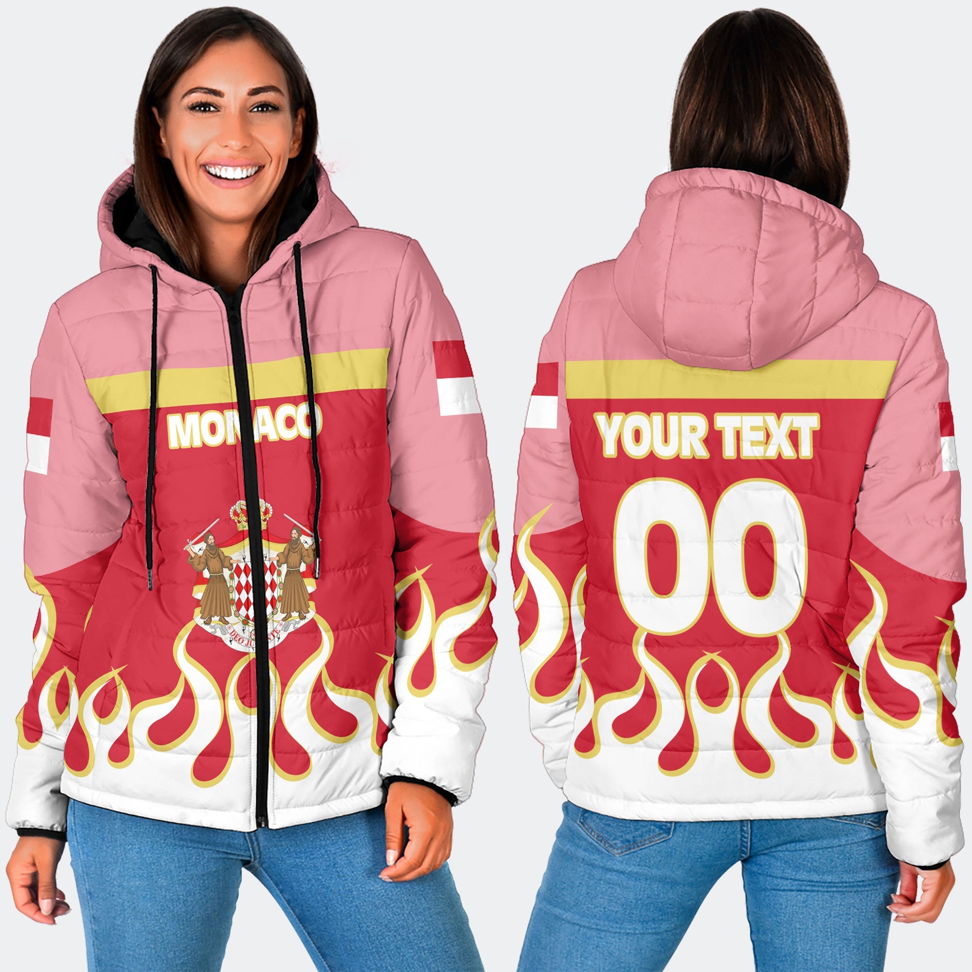 Monaco Women Hooded Padded Jacket Flag & Coat Of Arms Fire Hockey Style