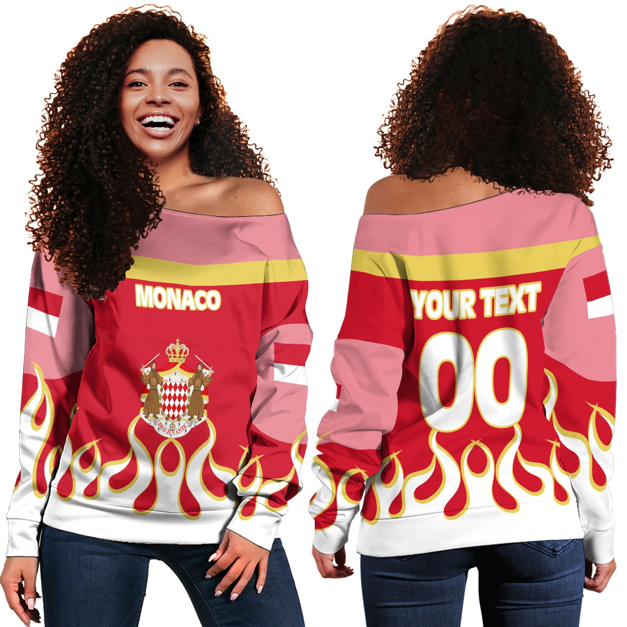 Monaco Women Off Shoulder Sweatshirt Flag & Coat Of Arms Fire Hockey Style