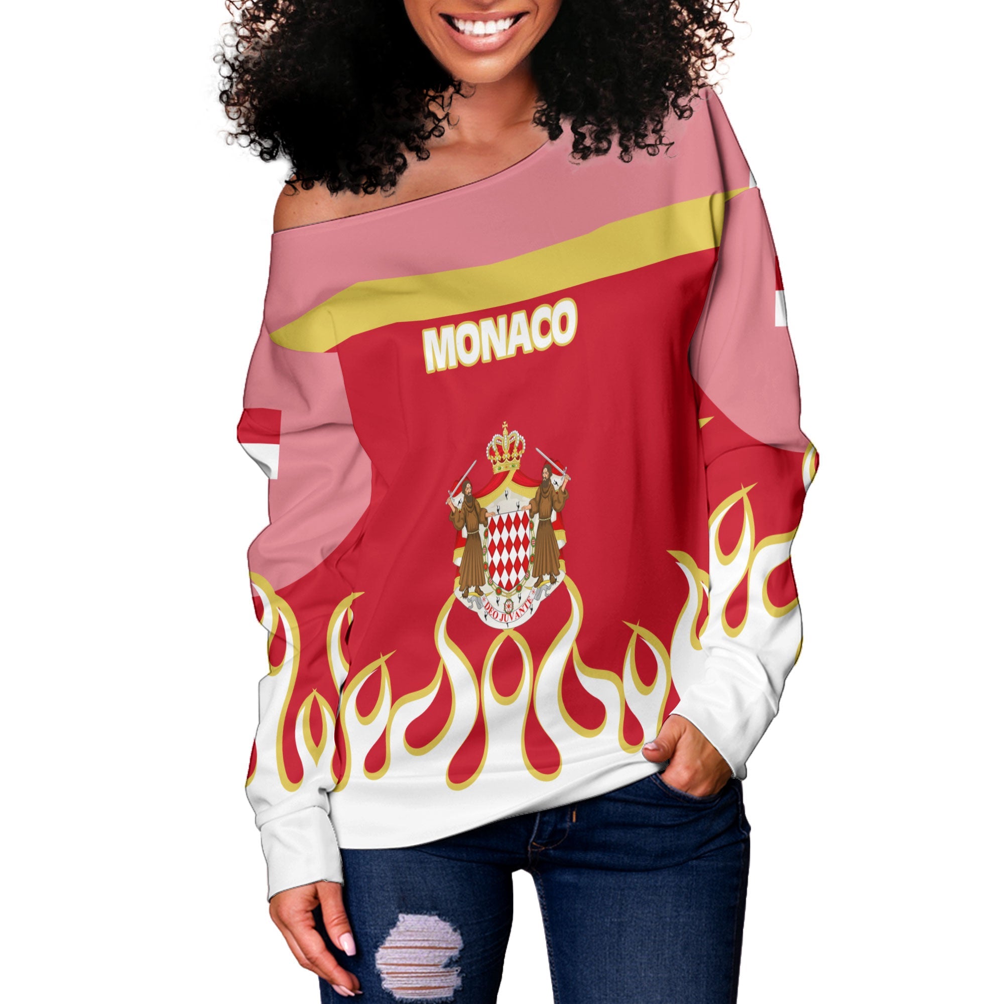 Monaco Women Off Shoulder Sweatshirt Flag & Coat Of Arms Fire Hockey Style