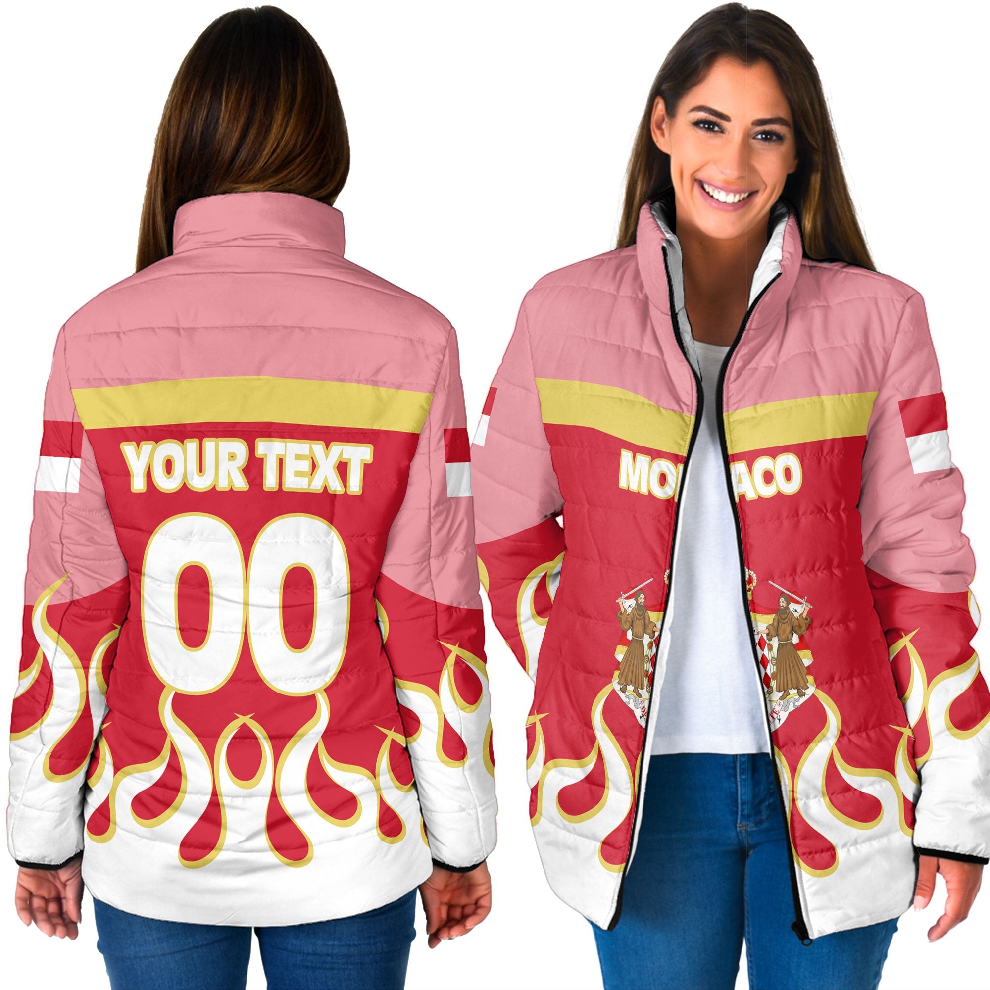 Monaco Women Padded Jacket Flag & Coat Of Arms Fire Hockey Style