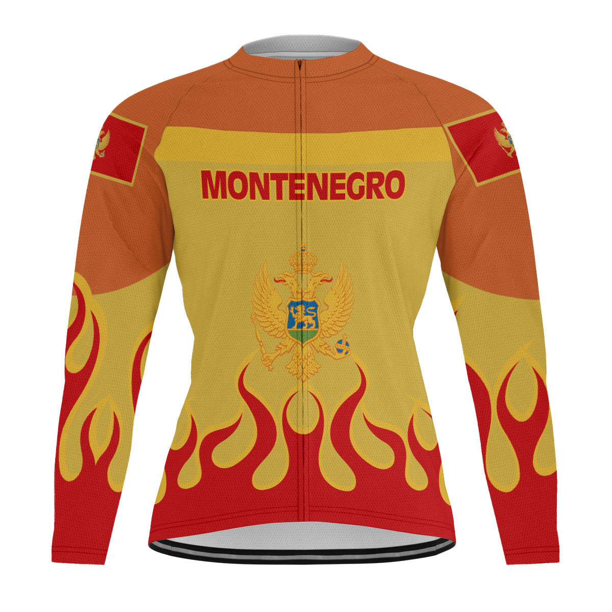 Montenegro Men's Cycling Jersey Long Sleeve Flag & Coat Of Arms Fire Hockey Style