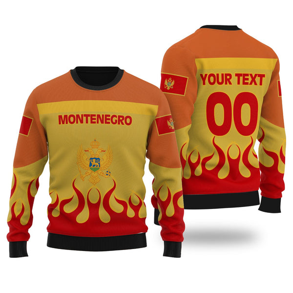 Montenegro Ugly Sweater Flag & Coat Of Arms Fire Hockey Style