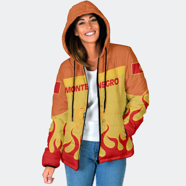 Montenegro Women Hooded Padded Jacket Flag & Coat Of Arms Fire Hockey Style