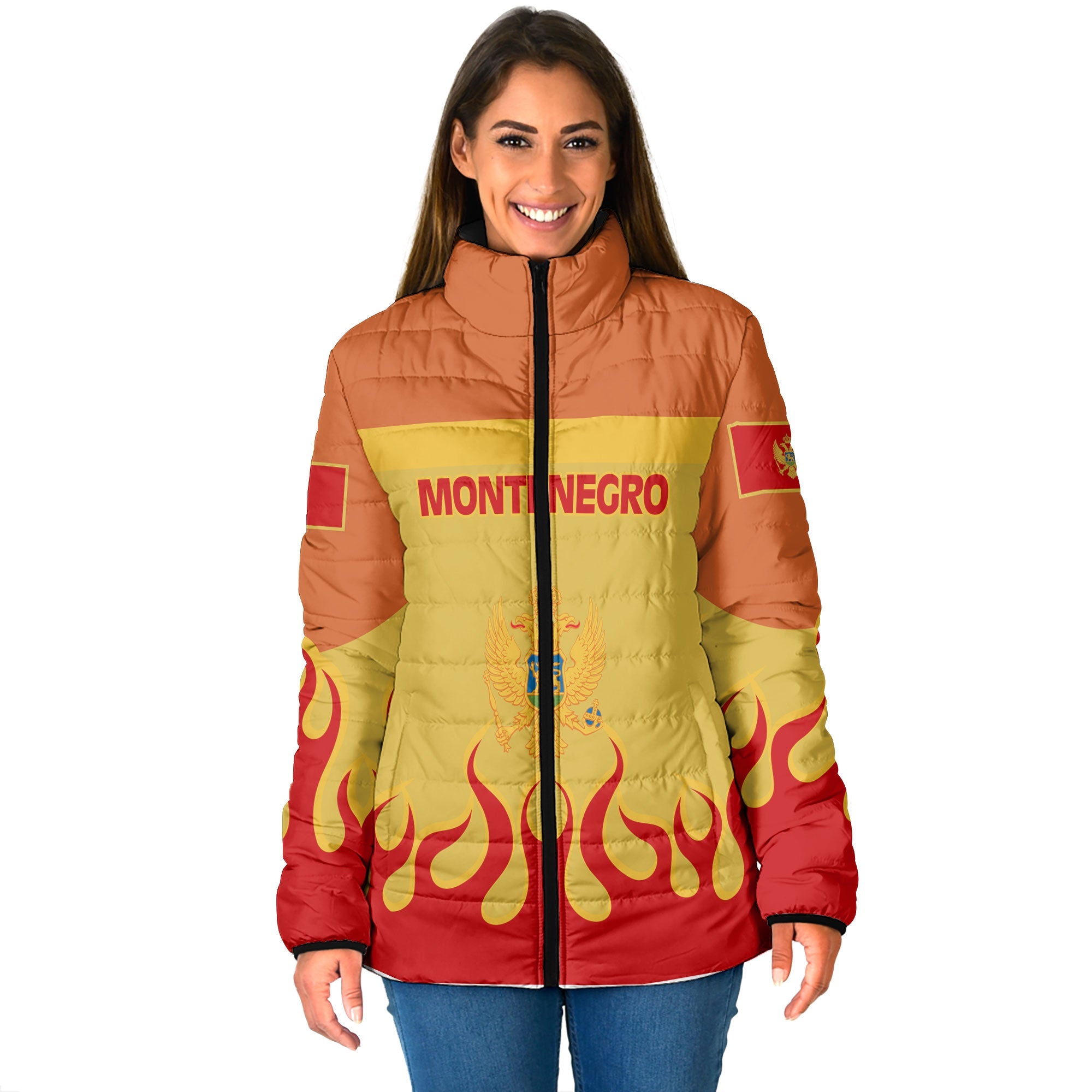 Montenegro Women Padded Jacket Flag & Coat Of Arms Fire Hockey Style