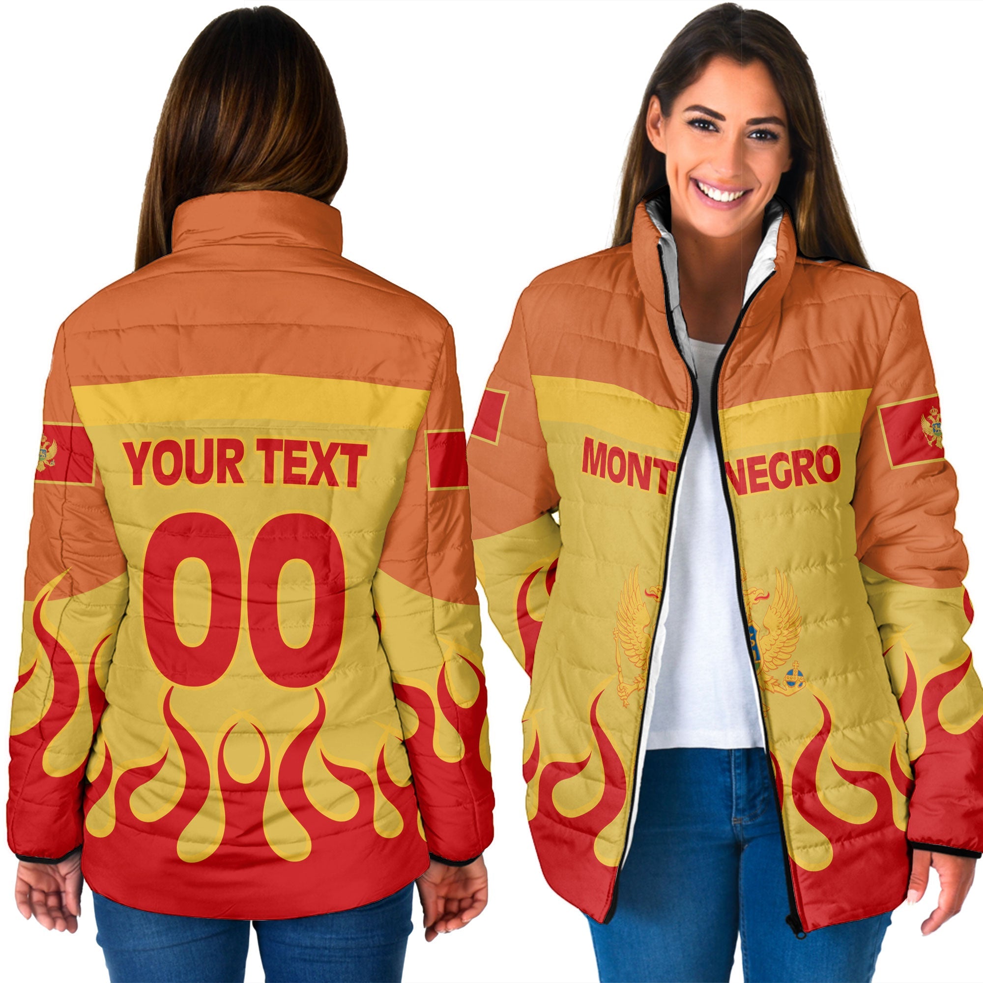 Montenegro Women Padded Jacket Flag & Coat Of Arms Fire Hockey Style