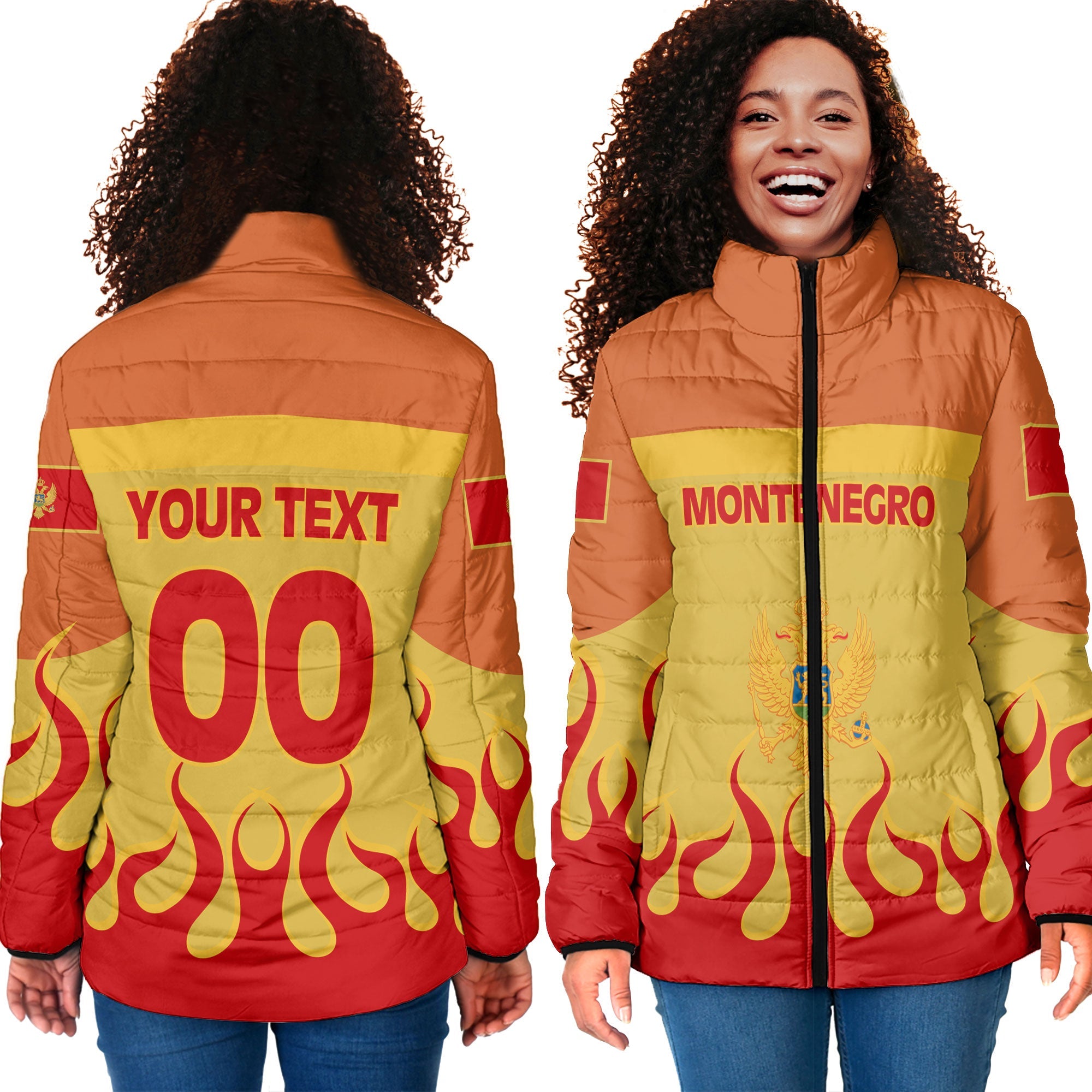 Montenegro Women Padded Jacket Flag & Coat Of Arms Fire Hockey Style