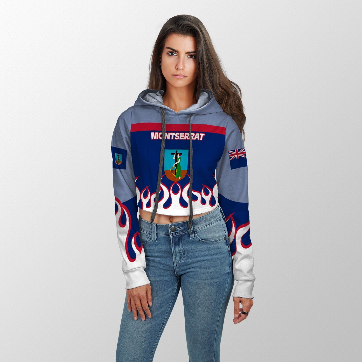 Montserrat Crop Hoodie Flag & Coat Of Arms Fire Hockey Style