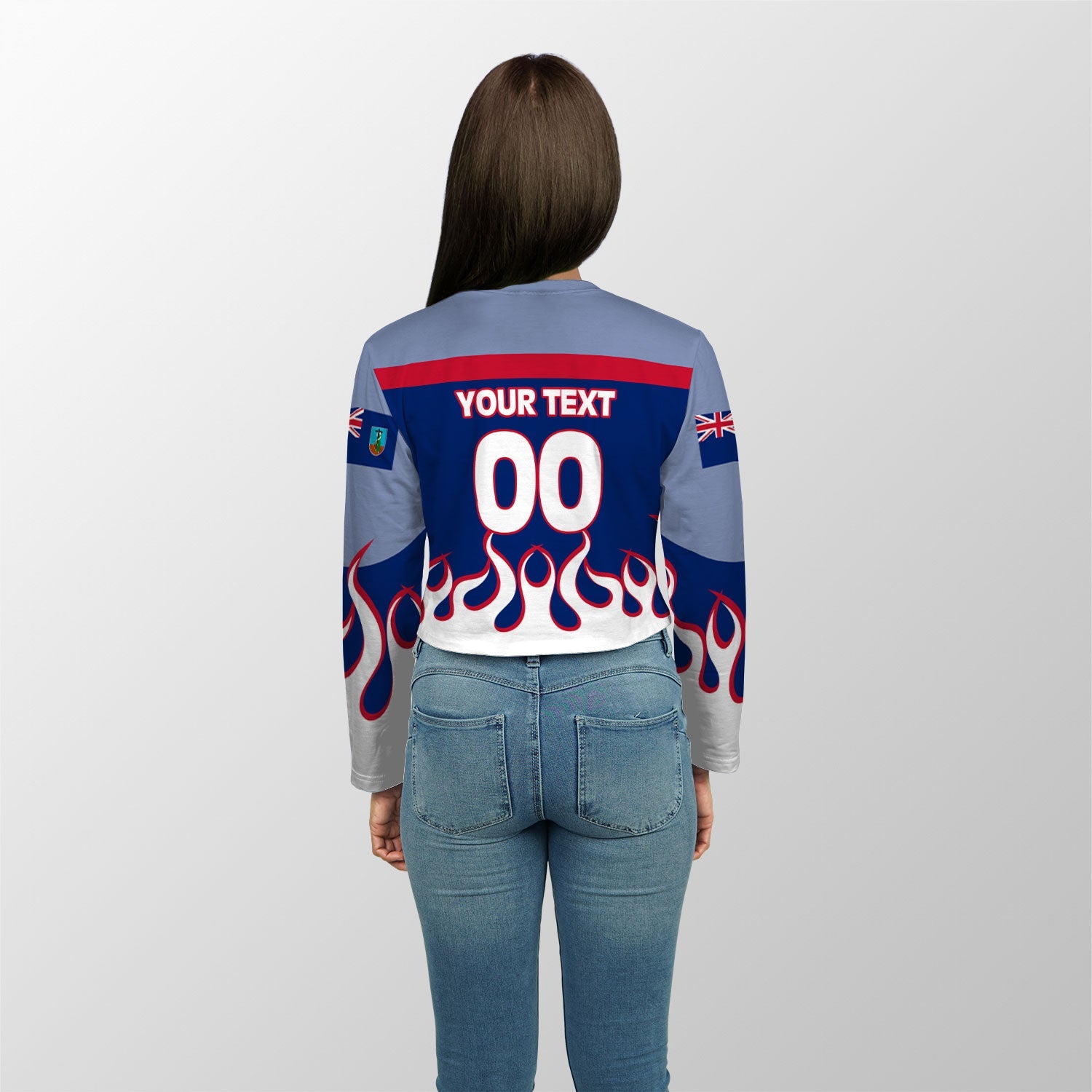 Montserrat Crop Top Long TShirt Flag & Coat Of Arms Fire Hockey Style