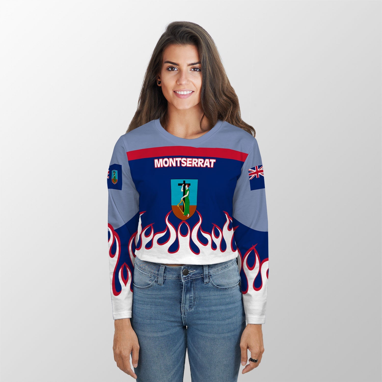 Montserrat Crop Top Long TShirt Flag & Coat Of Arms Fire Hockey Style