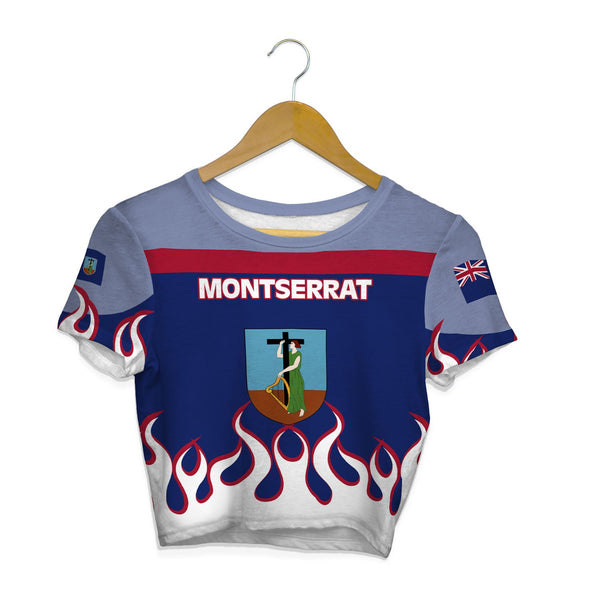 Montserrat Crop Top T Shirt Flag & Coat Of Arms Fire Hockey Style