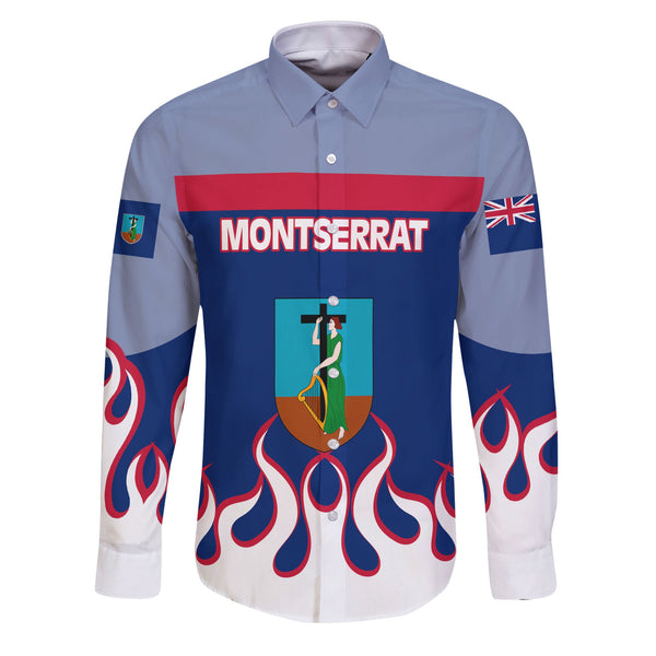 Montserrat Long Sleeve Button Shirt Flag & Coat Of Arms Fire Hockey Style