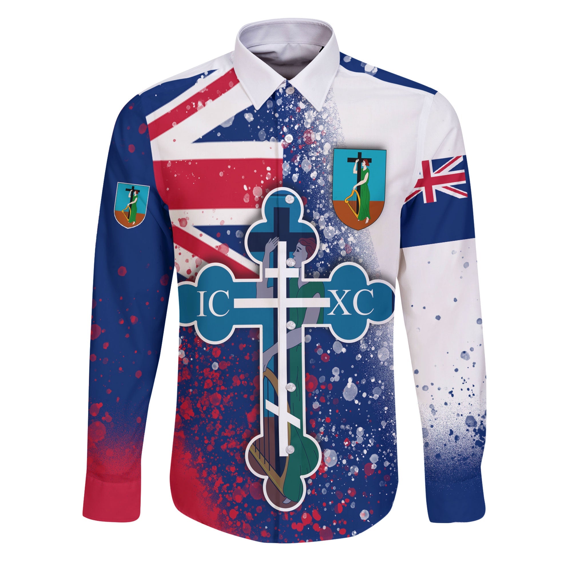 Montserrat Long Sleeve Button Shirt Flag & Coat Of Arms Orthodox Style