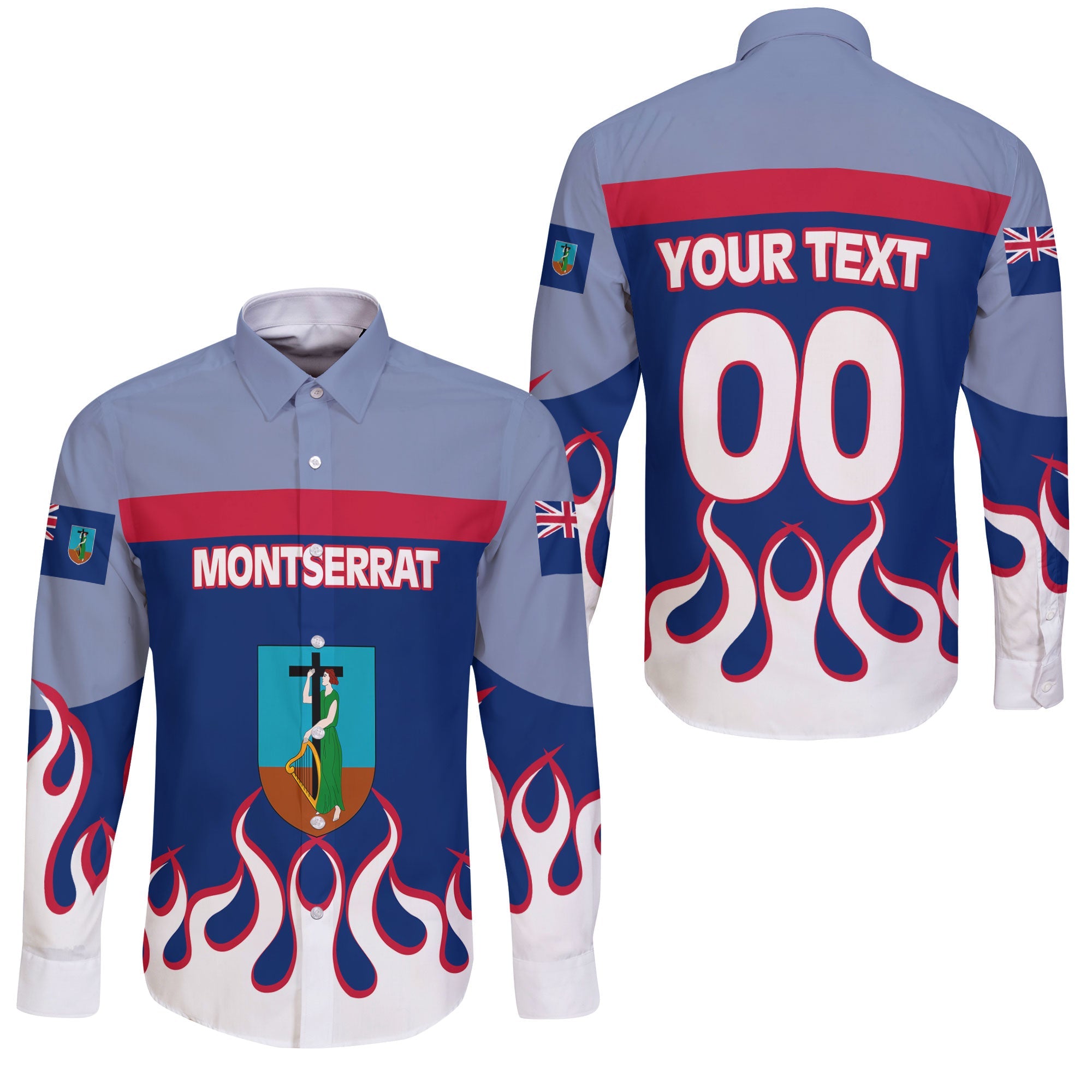 Montserrat Long Sleeve Button Shirt Flag & Coat Of Arms Fire Hockey Style