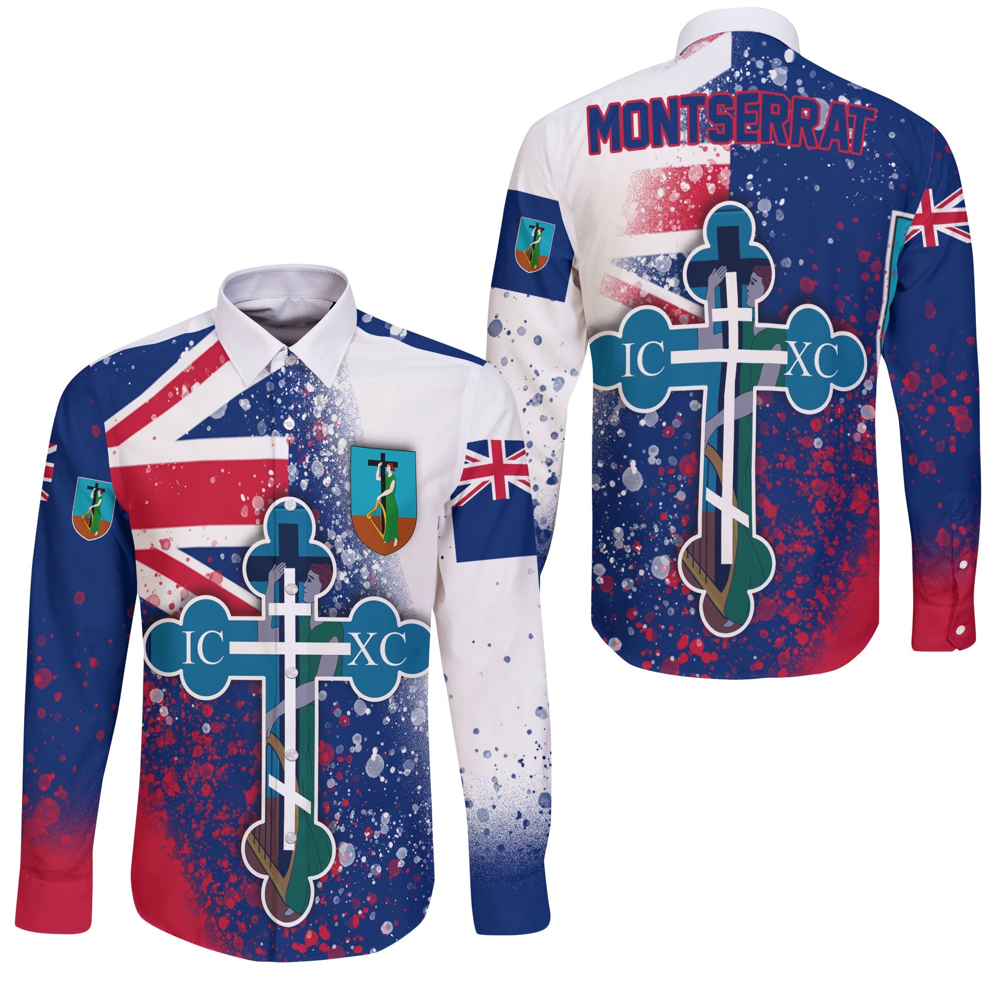 Montserrat Long Sleeve Button Shirt Flag & Coat Of Arms Orthodox Style