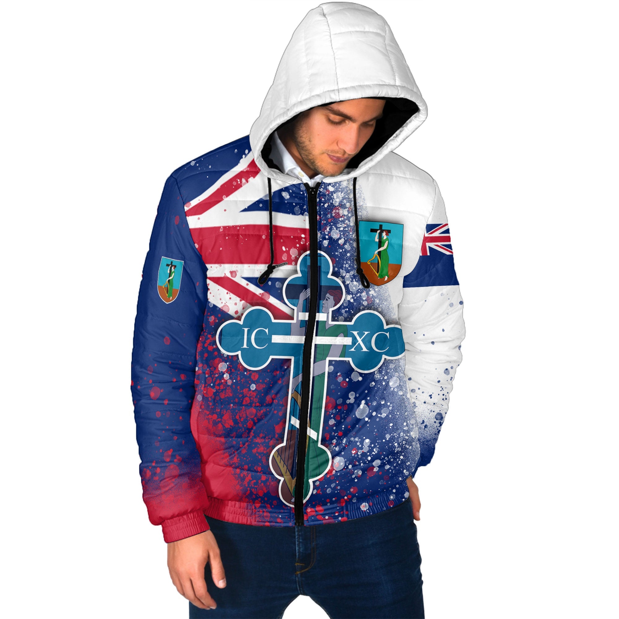 Montserrat Men Hooded Padded Jacket Flag & Coat Of Arms Orthodox Style