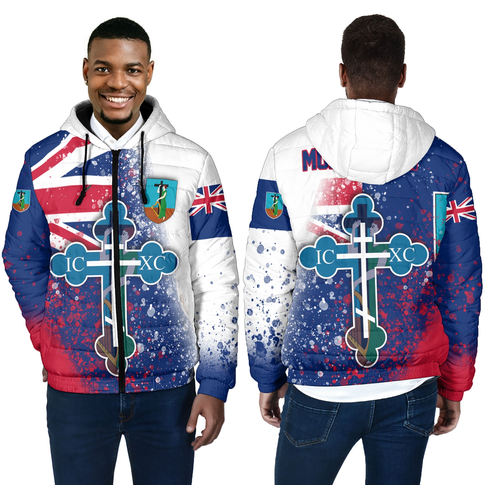 Montserrat Men Hooded Padded Jacket Flag & Coat Of Arms Orthodox Style