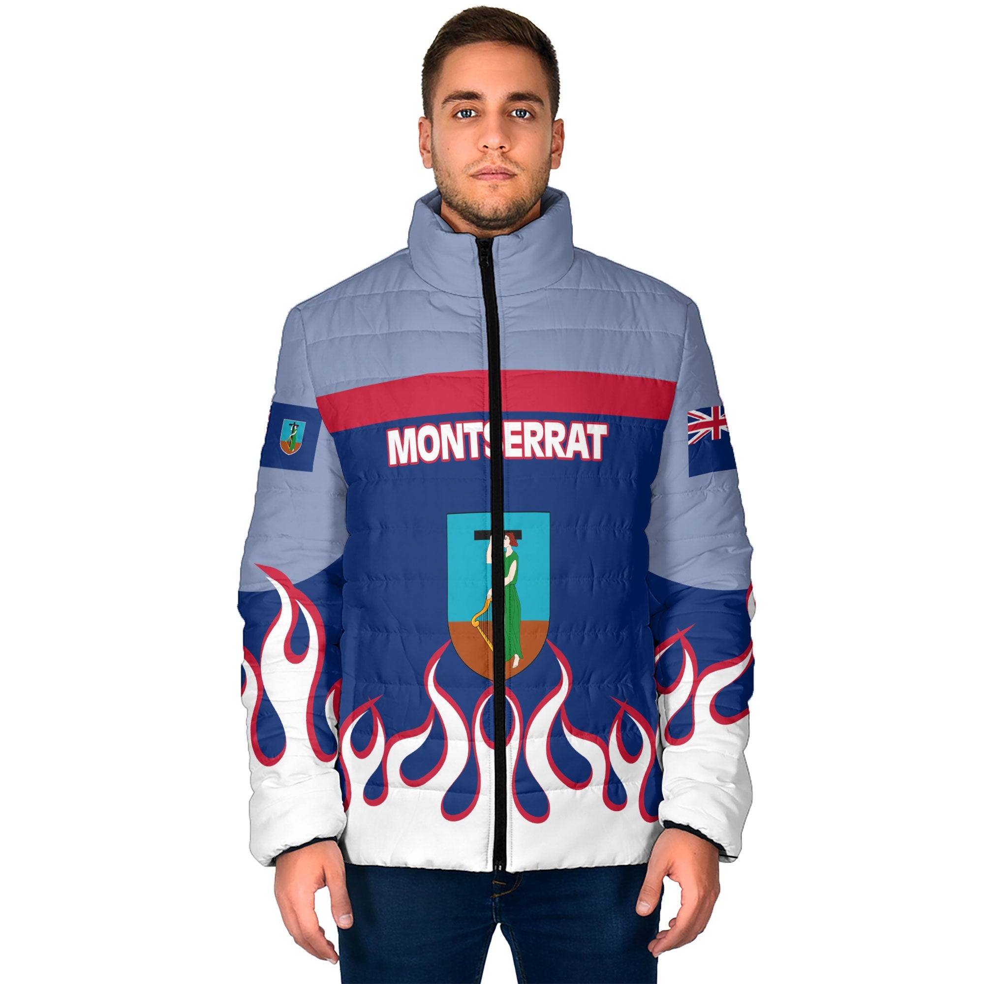 Montserrat Men Padded Jacket Flag & Coat Of Arms Fire Hockey Style