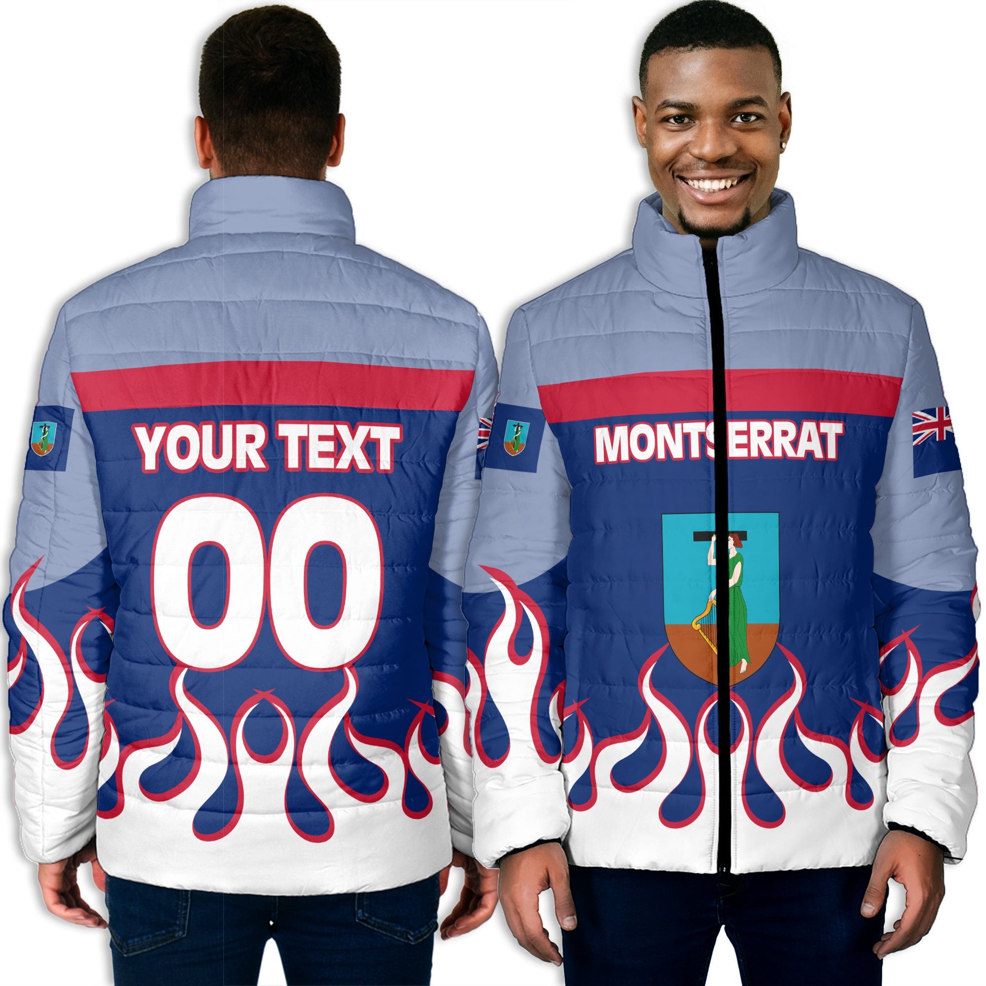 Montserrat Men Padded Jacket Flag & Coat Of Arms Fire Hockey Style