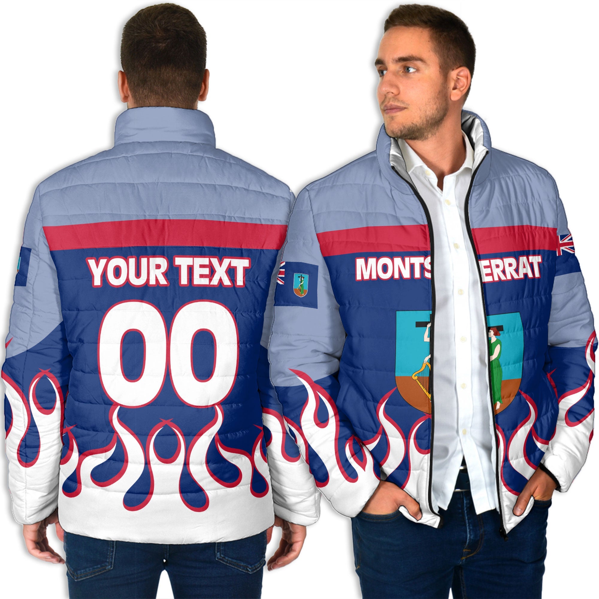 Montserrat Men Padded Jacket Flag & Coat Of Arms Fire Hockey Style