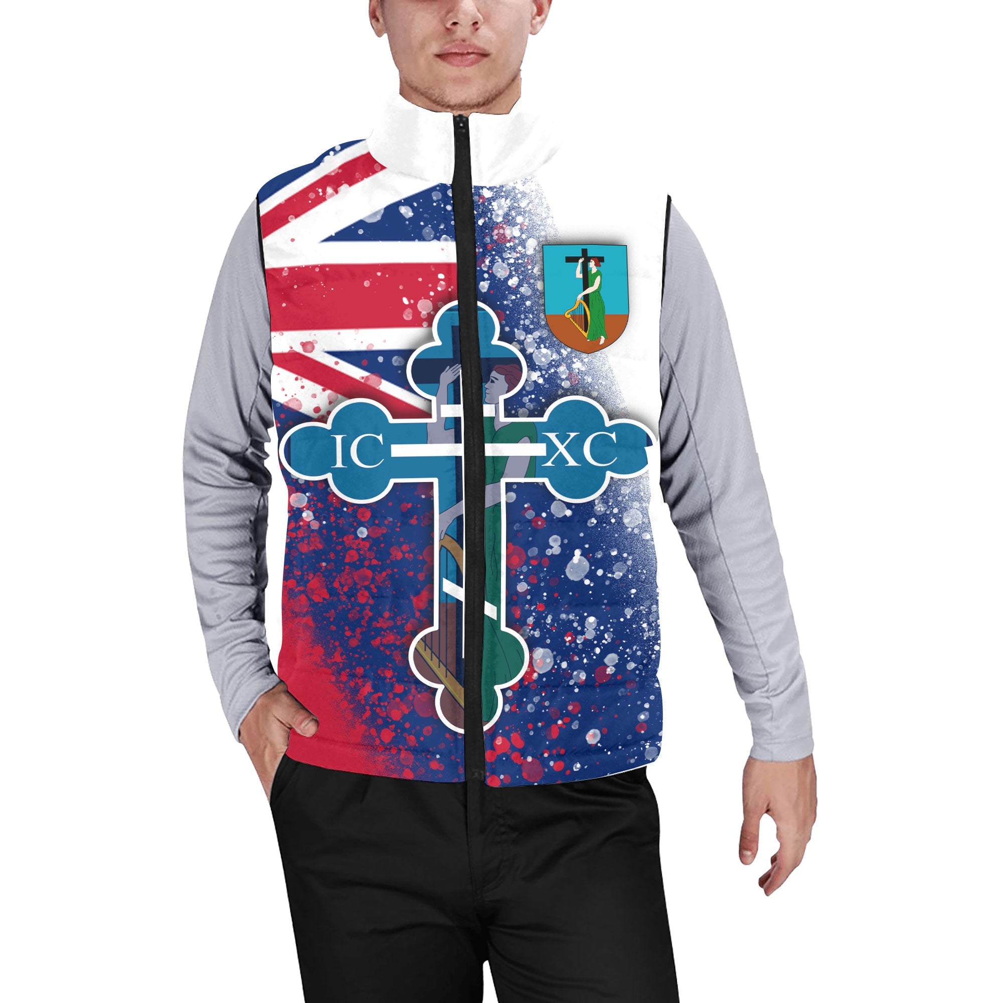 Montserrat Men Padded Jacket Vest Flag & Coat Of Arms Orthodox Style