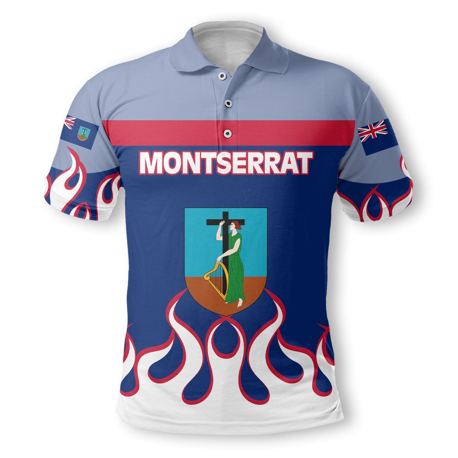 Montserrat Polo Shirt Flag & Coat Of Arms Fire Hockey Style