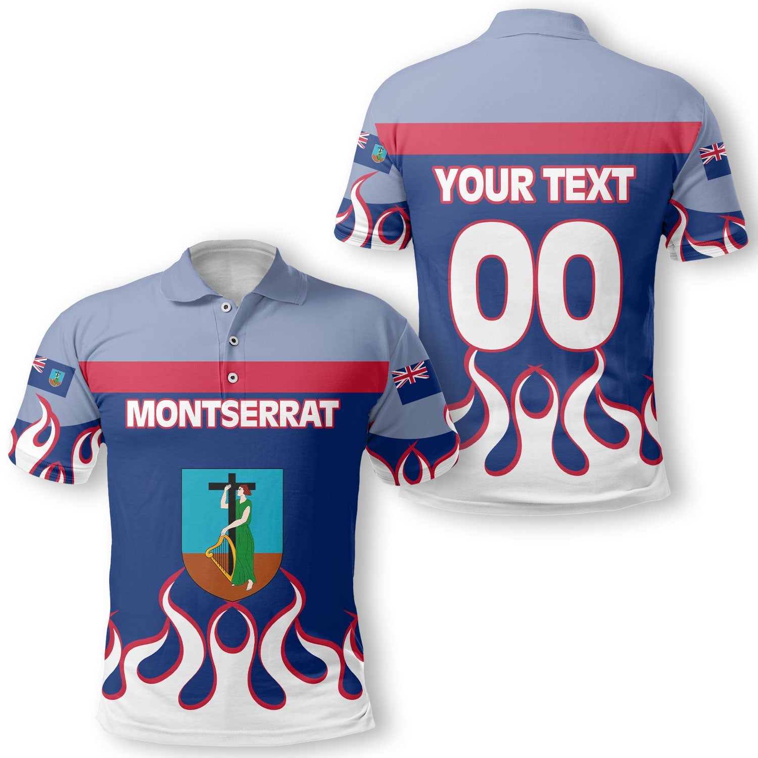 Montserrat Polo Shirt Flag & Coat Of Arms Fire Hockey Style