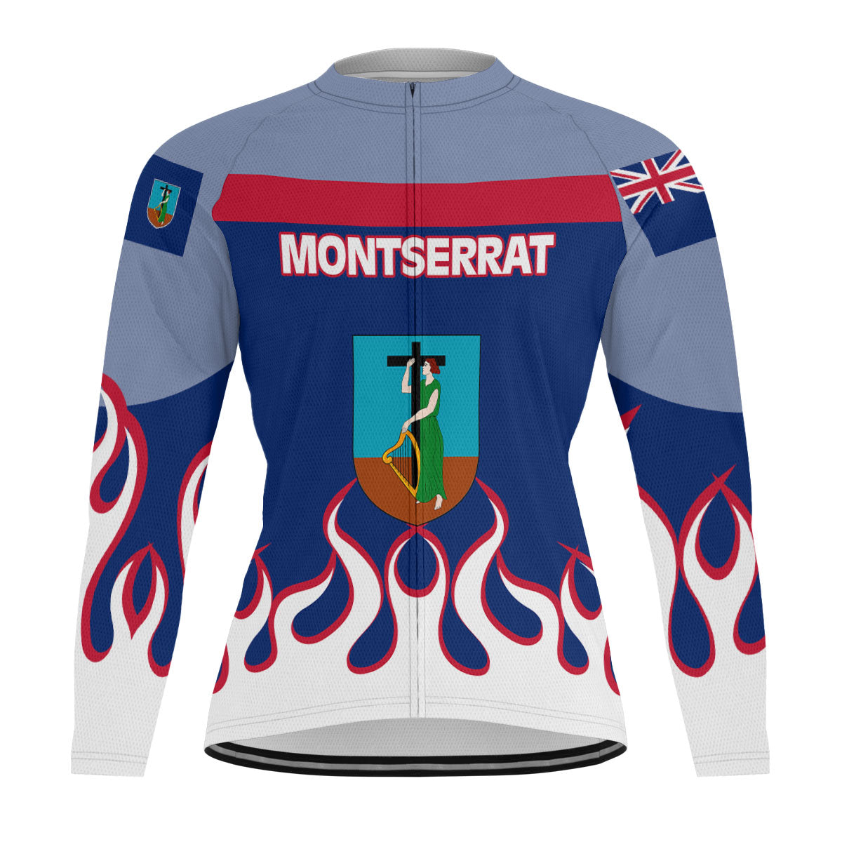 Montserrat Men's Cycling Jersey Long Sleeve Flag & Coat Of Arms Fire Hockey Style