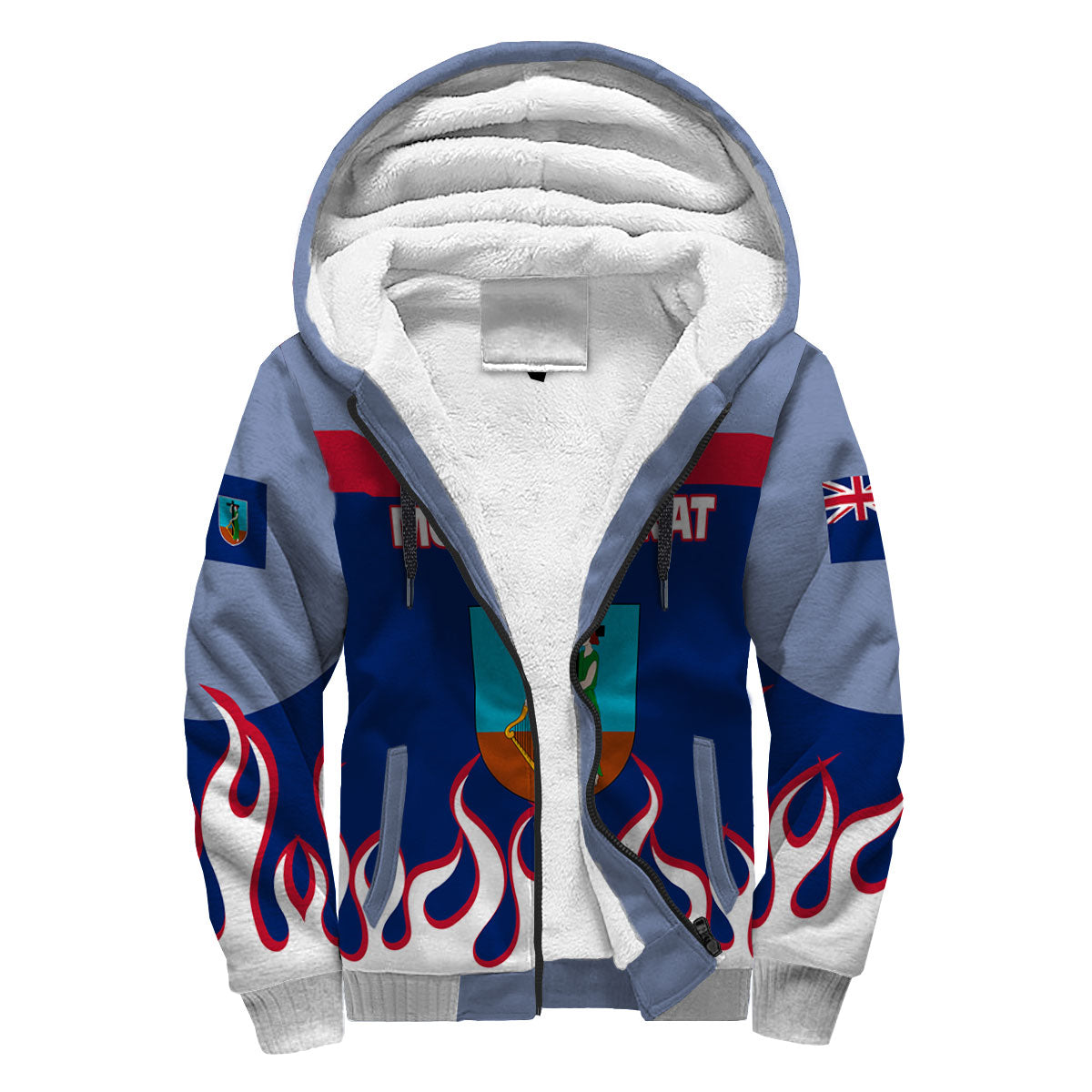 Montserrat Sherpa Hoodie Flag & Coat Of Arms Fire Hockey Style