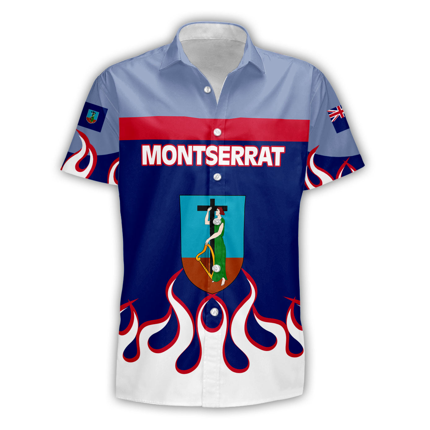 Montserrat Short Sleeve Shirt Flag & Coat Of Arms Fire Hockey Style