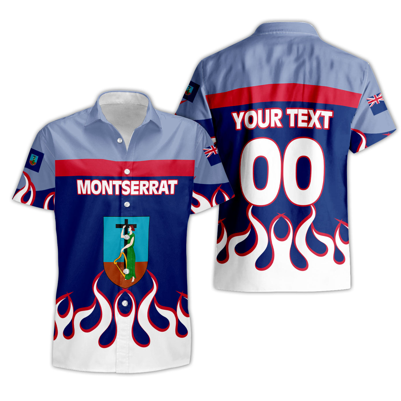 Montserrat Short Sleeve Shirt Flag & Coat Of Arms Fire Hockey Style