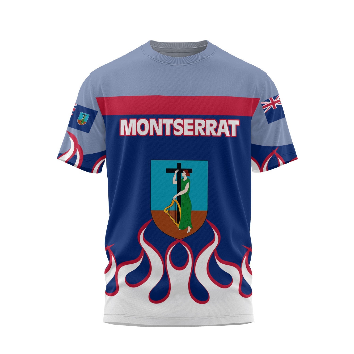 Montserrat T Shirt Flag & Coat Of Arms Fire Hockey Style