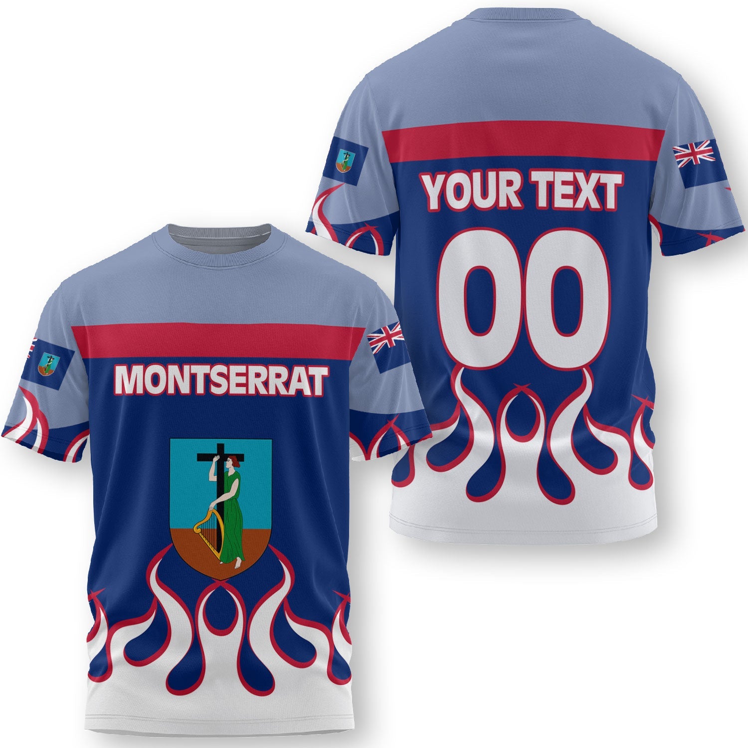 Montserrat T Shirt Flag & Coat Of Arms Fire Hockey Style