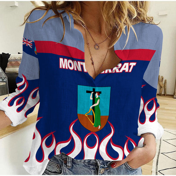 Montserrat Women Casual Shirt Flag & Coat Of Arms Fire Hockey Style