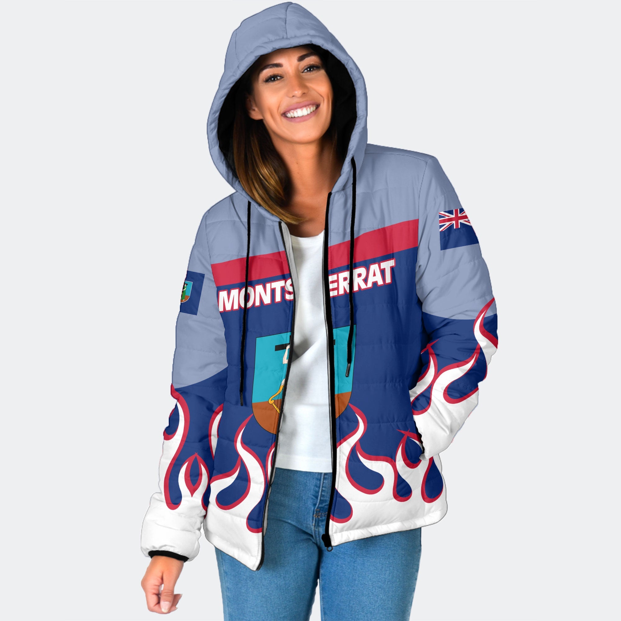 Montserrat Women Hooded Padded Jacket Flag & Coat Of Arms Fire Hockey Style