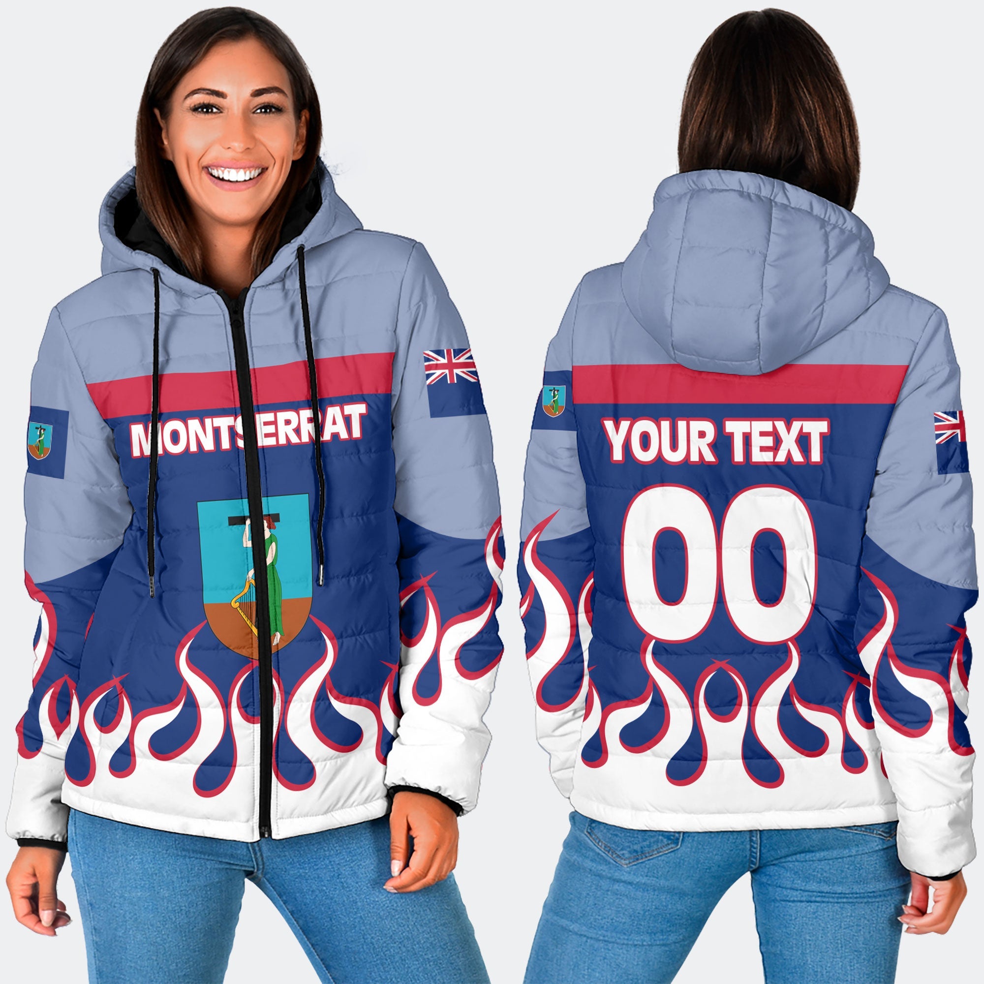 Montserrat Women Hooded Padded Jacket Flag & Coat Of Arms Fire Hockey Style