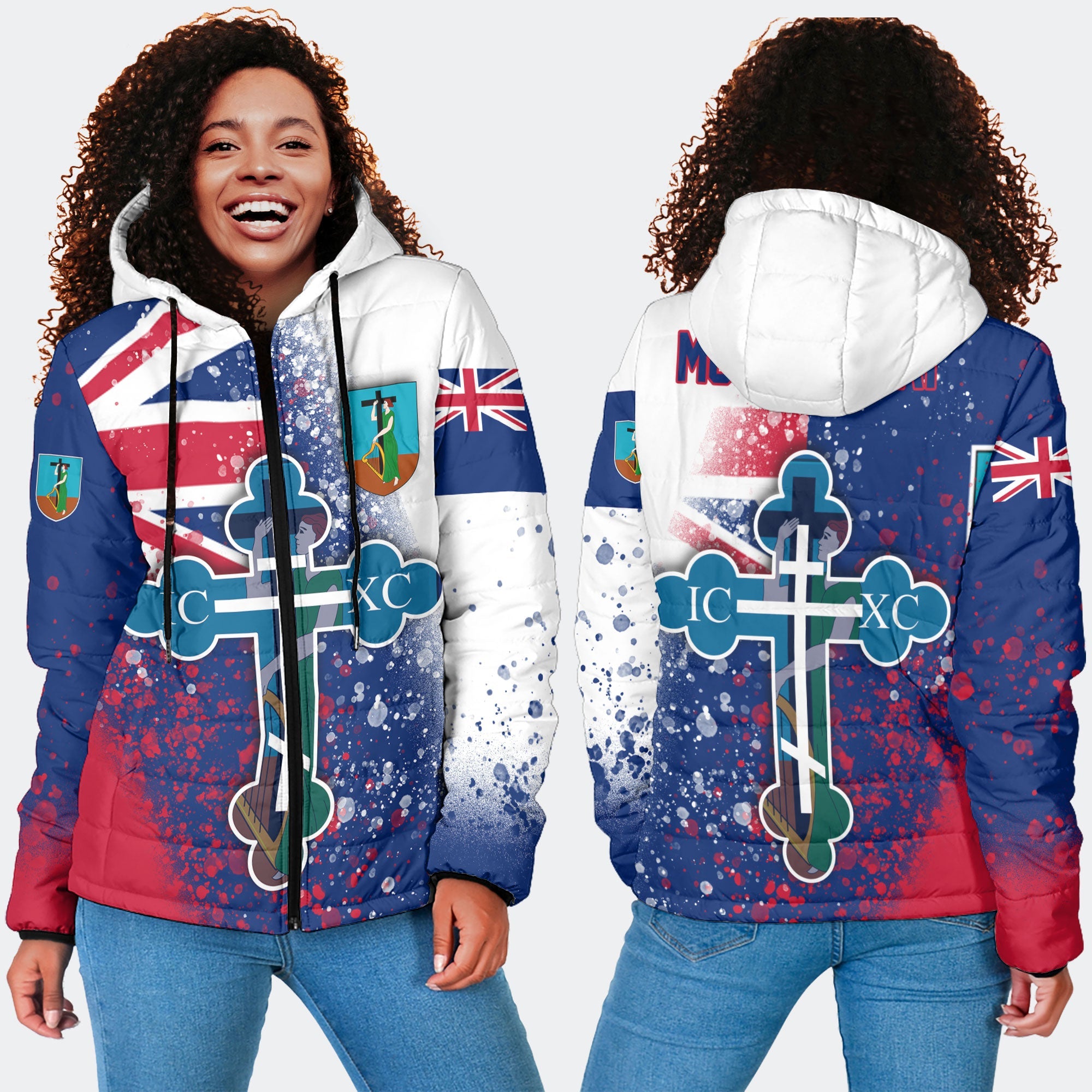 Montserrat Women Hooded Padded Jacket Flag & Coat Of Arms Orthodox Style