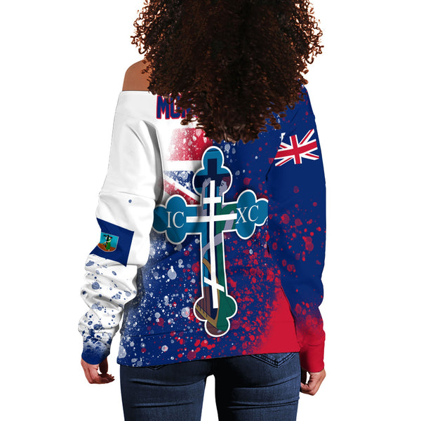 Montserrat Women Off Shoulder Sweatshirt Flag & Coat Of Arms Orthodox Style