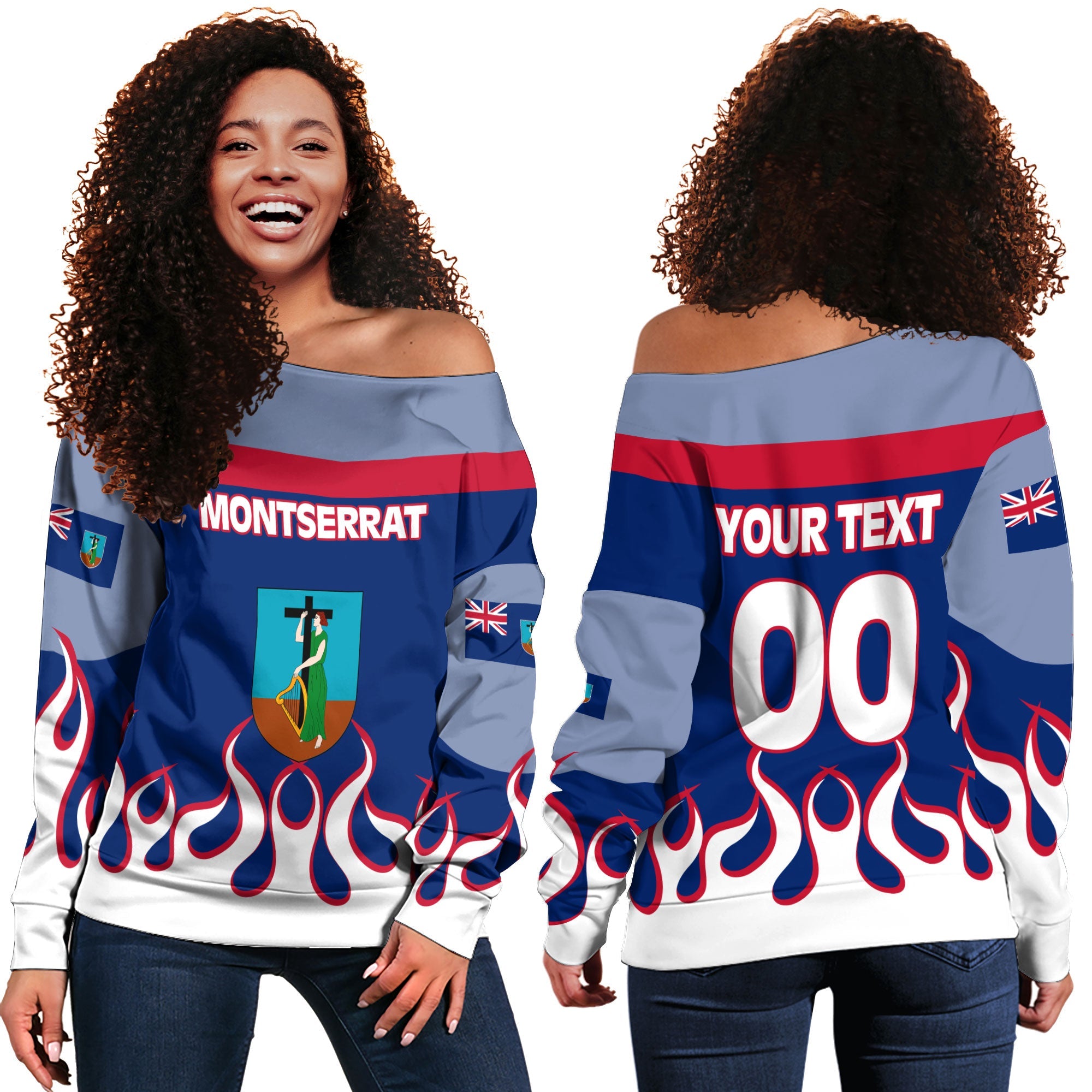 Montserrat Women Off Shoulder Sweatshirt Flag & Coat Of Arms Fire Hockey Style